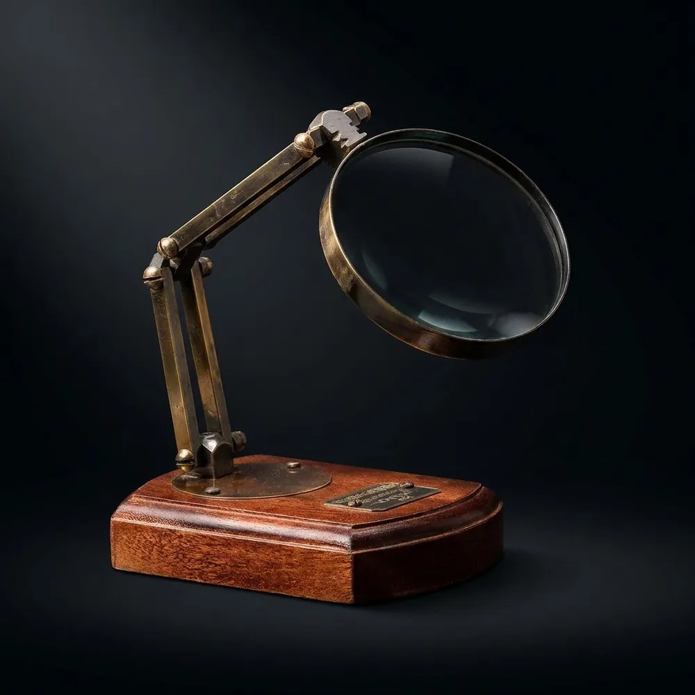 Antique Brass Magnifier 3.5" on Adjustable Wooden Stand with Three-Hinge Movement