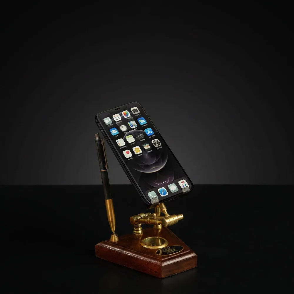 Brass & Wood Mobile Stand with Compass