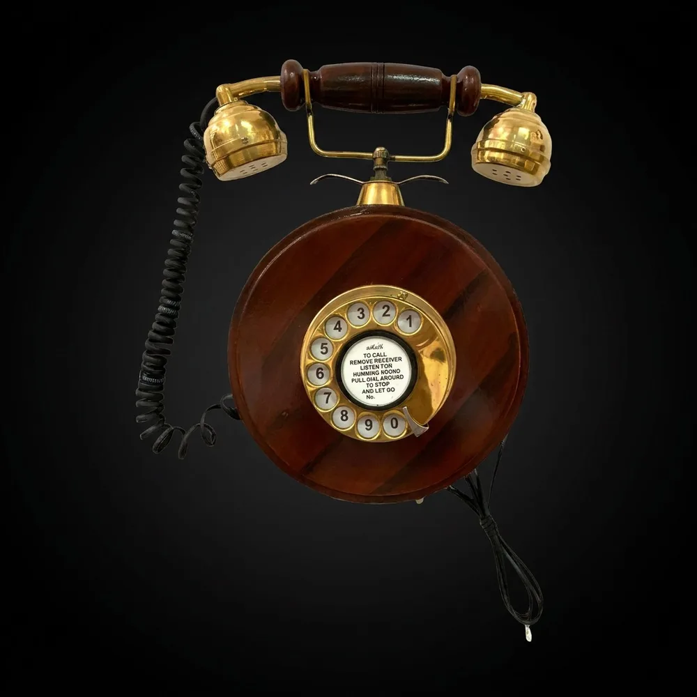 Wooden Wall-Mount Rotary Telephone — Brass Accents