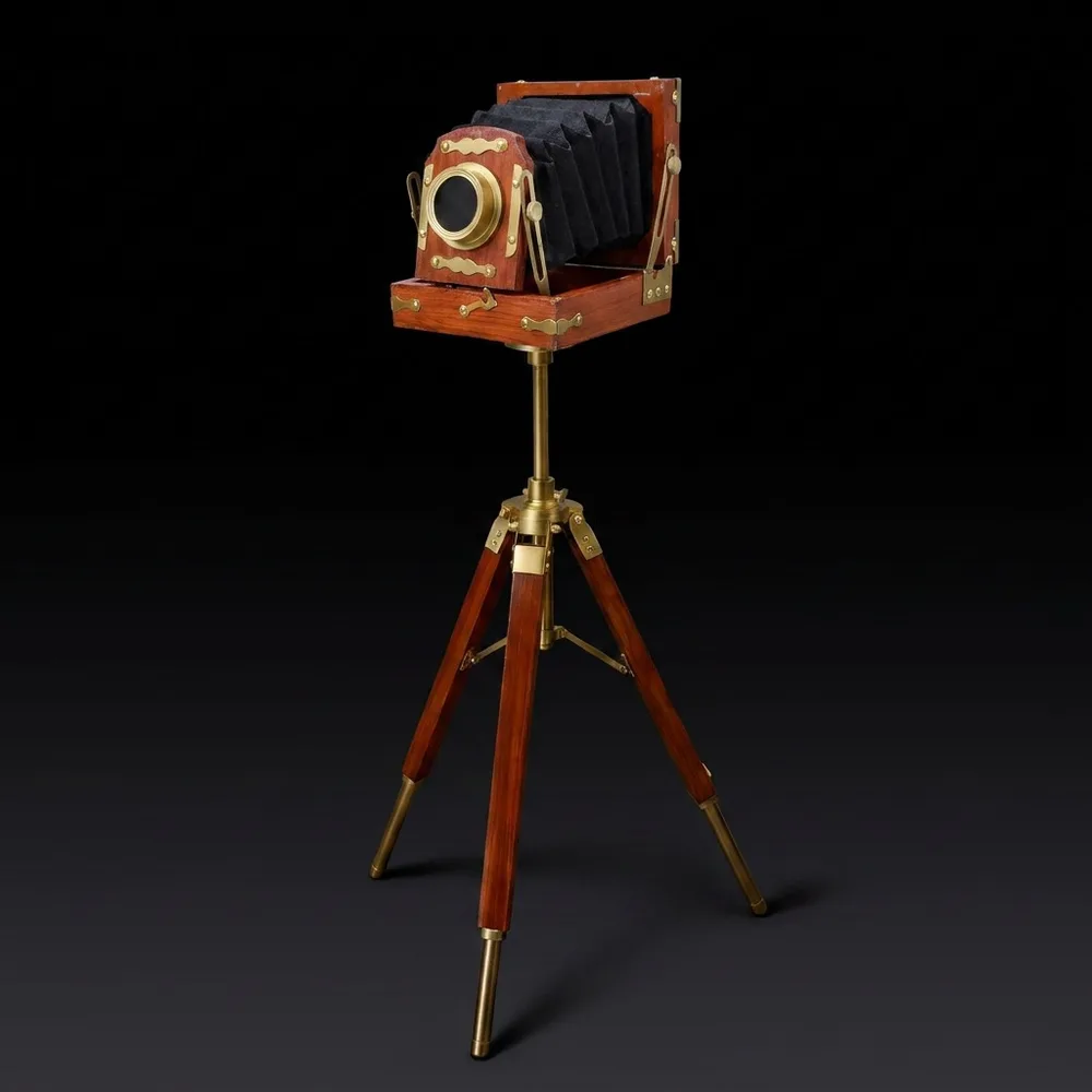 Brass & Wood Camera on Rustic Tripod
